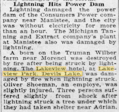 Devils Lake Amusement Park - JULY 28 1928 ARTICLE ON LIGHTNING STRIKE